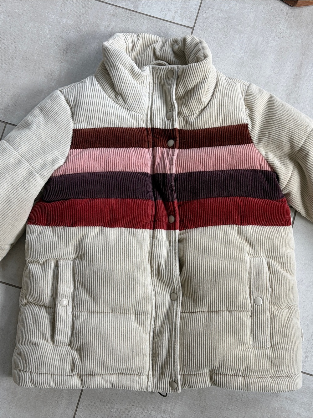 bohme corduroy Cream Puffer Jacket with Brown and Pink Stripes small